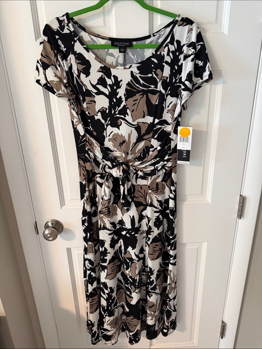 NWT Perceptions New York Floral Tie-Front Midi Dress Black Taupe White Large